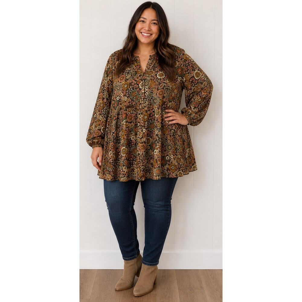 Vtg Lane Bryant Boho Sheer Floral Babydoll Bell Sleeve Tunic Top W 22/24 Whimsy